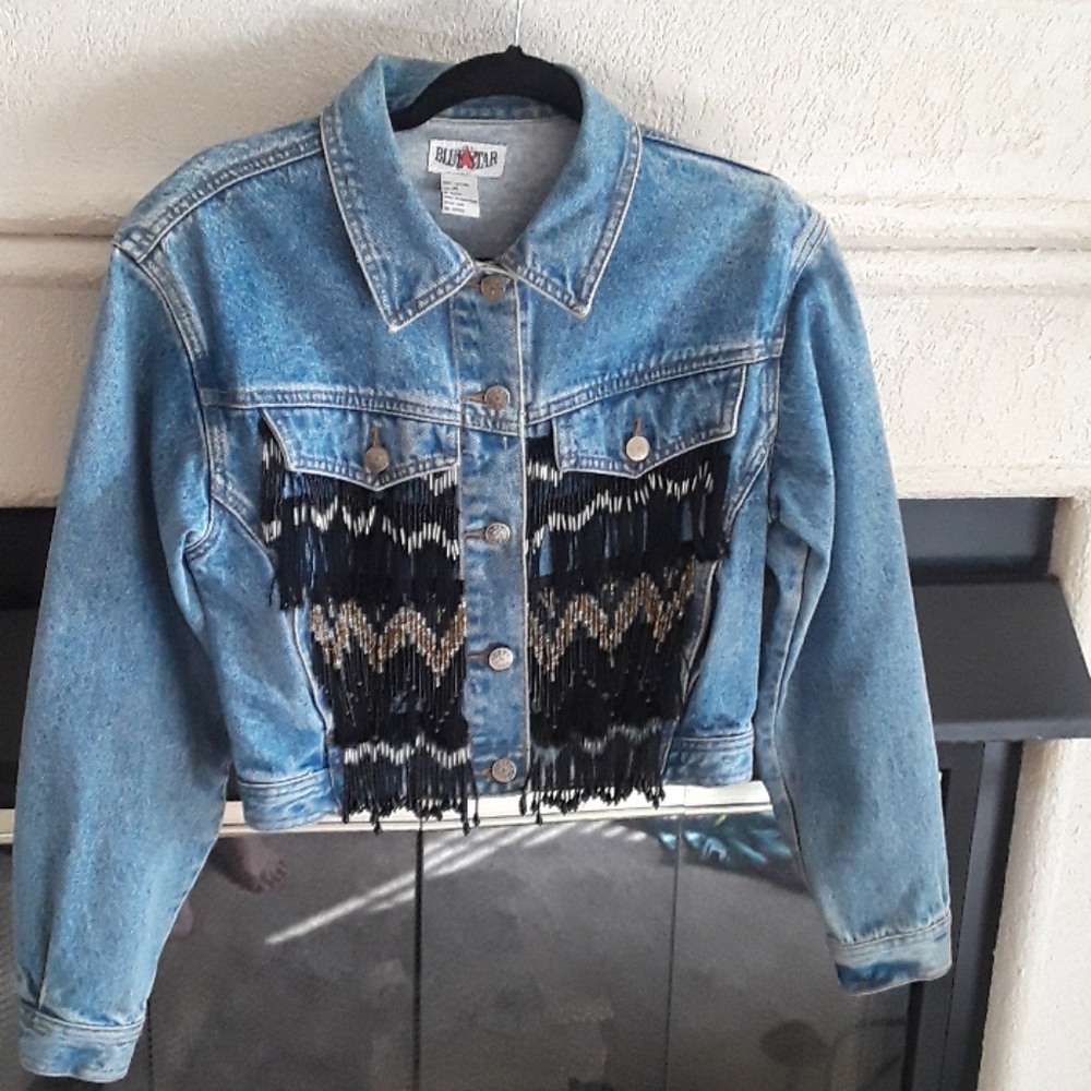 Blue Star Fringe & Beaded Crop Jean Jacket-M-#0050